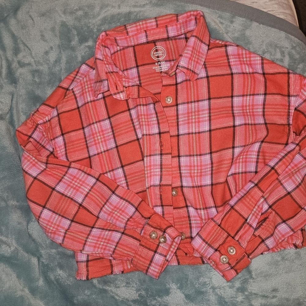 Wonder Nation Red and Pink Button Down Cropped Flannel Shirt with Casual Flair